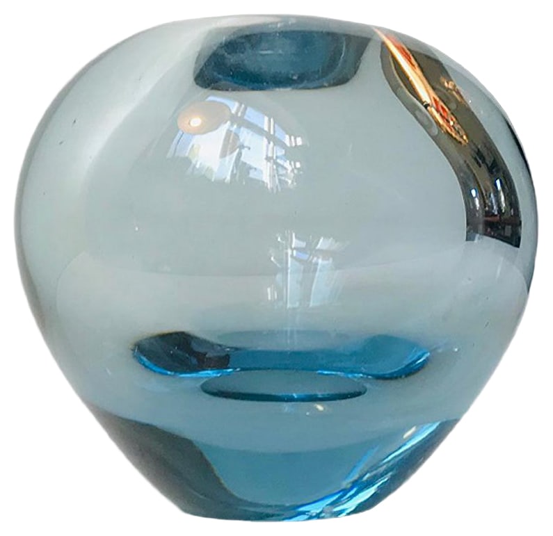 Vintage Light Blue Ball Vase by Per Lütken for Holmegaard, 1960s: - Blue tinted vase by Danish glass blower by Per Lütken- The design is for obvious reasons called the Ball Vase- Its signed by hand by the maker and designer (PLS) to the base Additional Item Inf