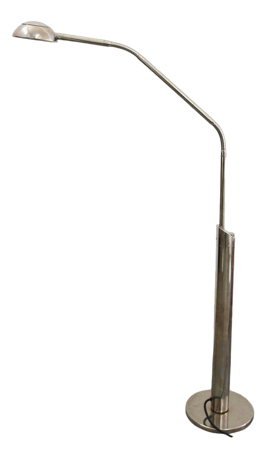 Yon Floor Lamp in Nickel by Florian Schulz, 1990s: Country of Manufacture: Germany Design Period: 1980 to 1989 Production Period: Unknown Detailed Condition: Very Good — This vintage/antique item has no defects, but it may show slight traces of
