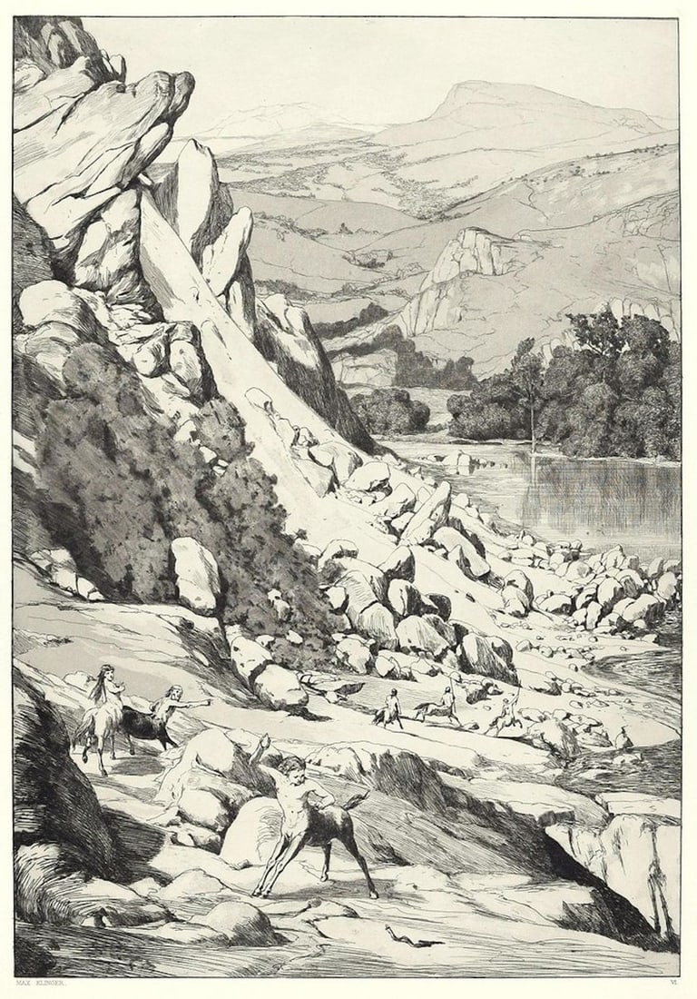 Landslide - Original Etching and Aquatint by Max Klinger - 1881 1881: Image dimensions: 42.4x29.5 cm. Landslide from ''Intermezzi'' is an original print realized by Max Klinger in 1881. Signature and number of the print on plate. Black and white etching and aquatint. Or