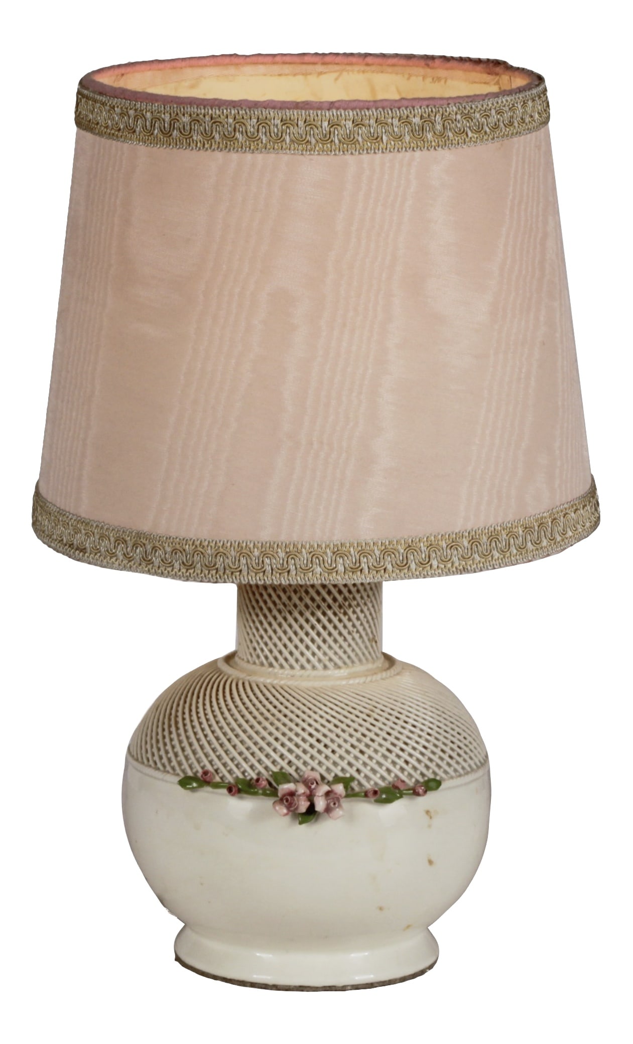 Mid-Century Italian Ceramic Lamp: This ceramic lamp is marked Visconti di Capodimonte CVC. The lamp has the classic workmanship of braided ceramics and relief decorations of applied roses.Measures 25 x 25 cm H 40 cm Additional Item In
