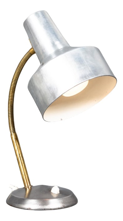 German Bauhaus Kaiser Idell Style Desk Lamp in Silver & Gold With Swan Neck, 1950s: German Bauhaus desk lamp in silver and gold with swan neck in the style of Kaiser Idell, 1950sRare rare desk lamp, base foot and an adjustable lamp arm.The lamp has a wonderful charm of use, the shape