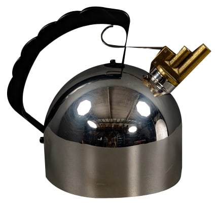 Stainless Steel Kettle by Sapper for Alessi, 1980s: Kettle MELODIC 9091 from Alessis designed by Richard Sapper. The central element of this object is the copper flute in the pitches “E” and “B”, which plays a nice little melody