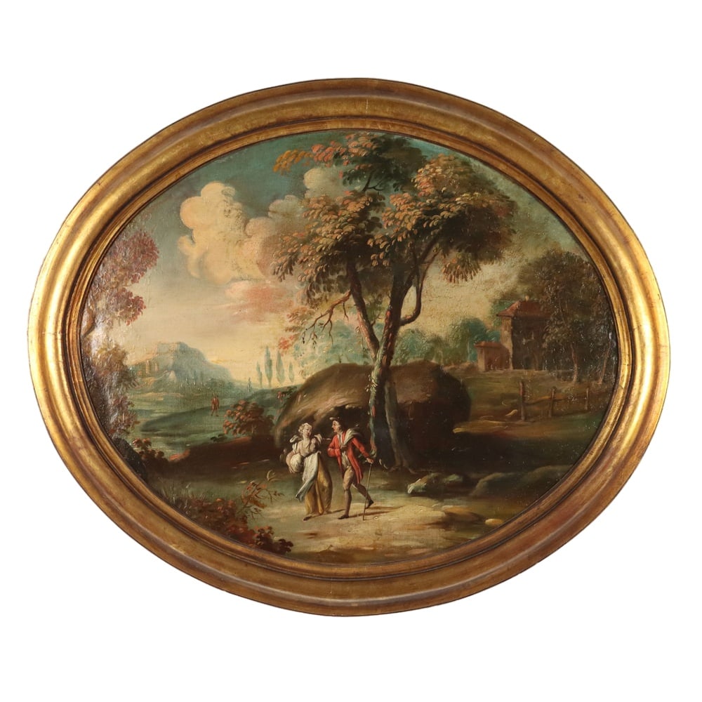 Oval Landscape with Figures, Oil on Canvas, 19th Century-20th Century, Framed (1 of 10)