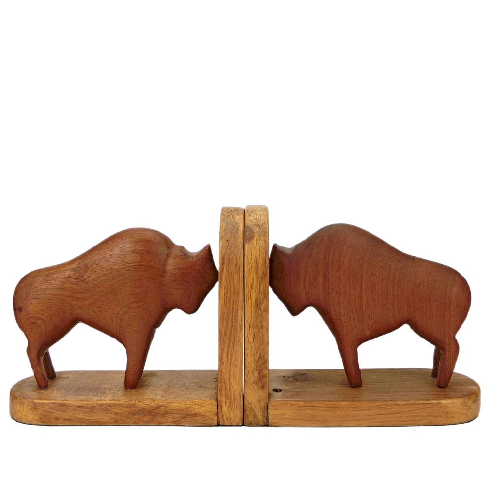 Teak and Oak Buffalo / Bison Bookends, 1960s, Set of 2: 2 original vintage bookends from the 1960s made of wood - teak & oak, with two carved buffaloes, in an extraordinary design.Very good condition! Only minor signs of wear, no breaks, cracks, chips