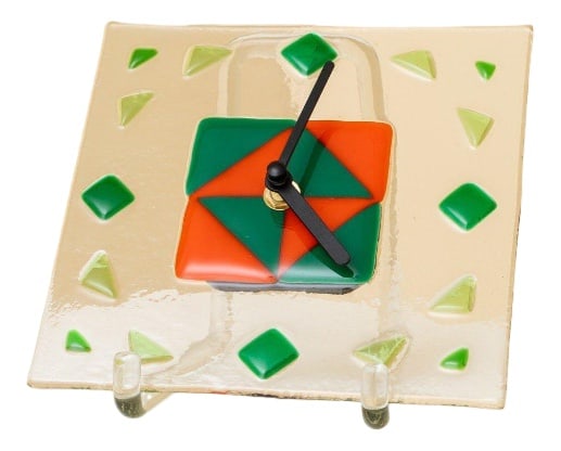 Vintage Glass Wall Clock, Italy, 1980s: This unique vintage wall clock impresses with its high-contrast design. The square shape with tactile details and the green and orange color scheme are the perfect postmodern Italian design of the 198