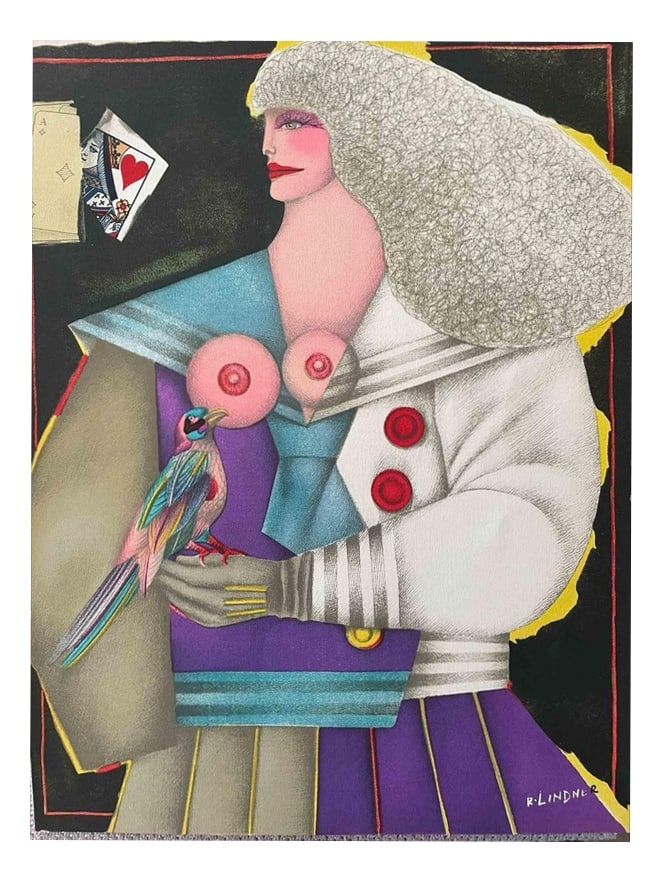 Richard Lindner, Untitled, 1974, Lithograph: Untitled is an artwork realized by Richard Lindner in 1974. Original colored lithograph. Excellent conditions. Printed by Mourlot , France. This lithograph was realized by the artist in 1974 for é