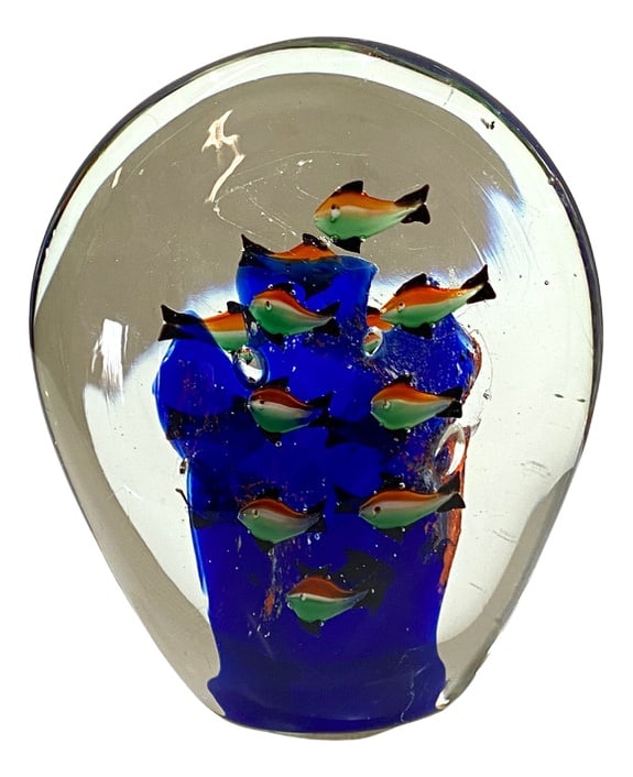 Murano Glass Paperweight, 1960s: 60s Murano glass paperweight representing an aquarium with tricolor fish. Country of Manufacture: Italy Design Period: 1960 to 1969 Production Period: Unknown Restoration and Damage Details: Light wea