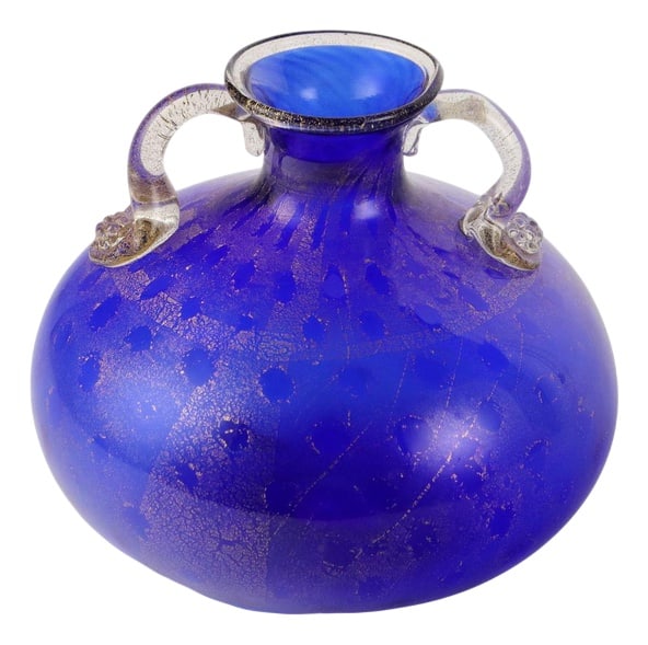 Glass Vase from La Murrina: Two-handled vase in blue glass with gold leaf inclusions. Under the base the manufacturer's signature and production date are engraved. Country of Manufacture: Italy Production Period: Unknown Detaile