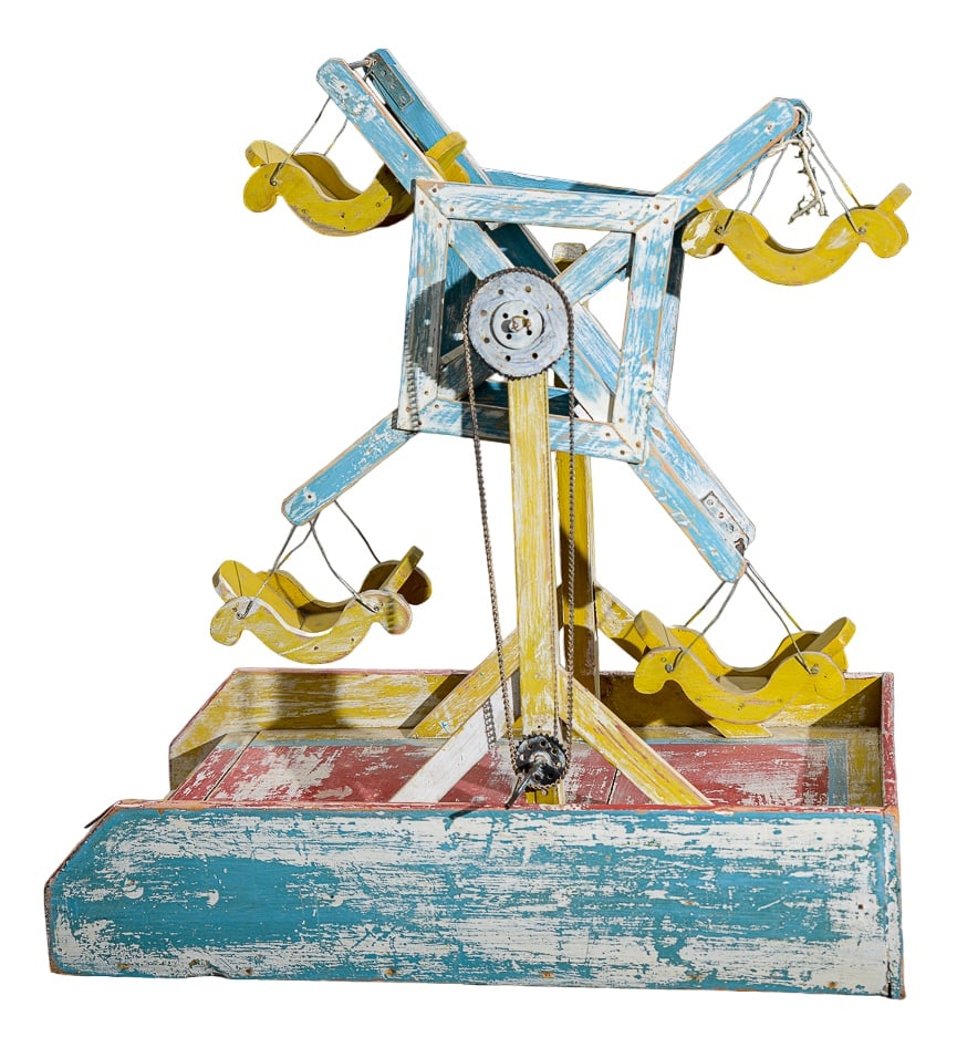 Wooden Mobile with Chain Mechanism in Lacquered Wood, 1940s: Wooden carousel toy with chain mechanism made of lacquered wood made in 1900. Measurements 62 x33 x h 72 CATEGORY toys design objects vintage STYLE DIMENSIONS: HEIGHT 72 cm WIDTH 62 cm DEPTH 33 cm COL
