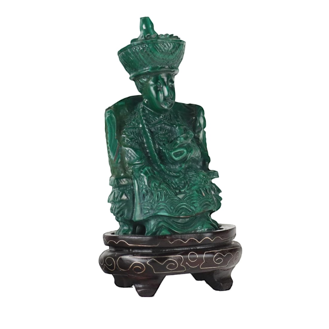 Malachite Sculpture, China, 1900s: Malachite sculpture depicting a figure. Wooden base. Country of Manufacture: China Production Period: Unknown Detailed Condition: Good - This vintage/antique item may have some wear such as scratches