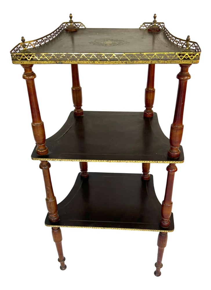 Napoleon III Side Table in Walnut and Brass: Antique Napoleon III 3-Tier Marquetry Stand, 19th CenturyCharming 19th-century Napoleon III stand with three tiers, featuring intricate marquetry on the top tier. Each tier is elegantly adorned with