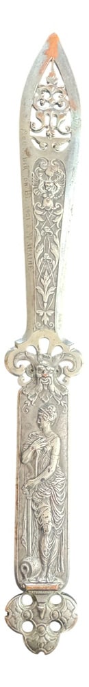 Letter Opener by Attarge & Ferdinand Barbedienne: 19th Century Bronze and Silvered Copper Letter Opener by Désiré Attarge and Ferdinand Barbedienne. Original patina, silvering missing in some places and slightly curved peak. Country of