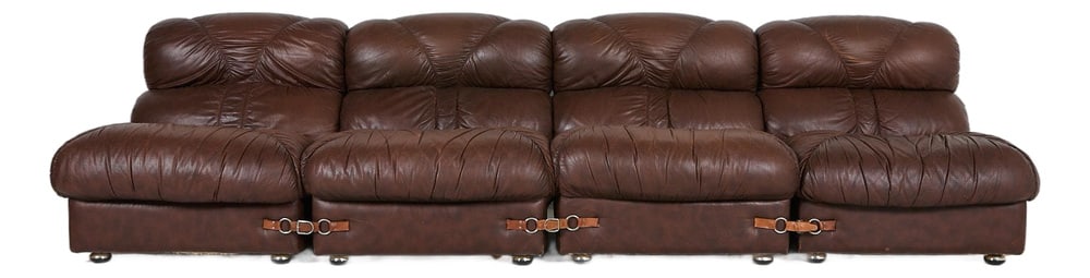 Vintage Modular Seats, Italy, 1970s: Very comfortable set of 4 sculptural modular seats in brown leather look fabric upholstery produced in 1970’s, Italy. It can be used separately or combined together to form a sofa.Condition