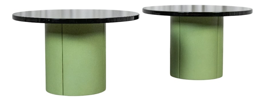 Coffee Tables, 1970s, Set of 2: Set of 2 coffee tables composed of a central barrel upholstered in matcha green leather and a thick smoked acrylic glass top.These tables are in good vintage condition and show signs of wear and