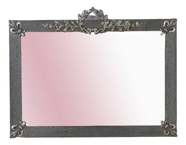Arts & Crafts Wall Mirror: K0552 Stylish Arts and Crafts mirror with original bevelled edge glass in metal hammered frame with fleur de lys decoration to the corners and laurel wreath to the centre. All fitted with original