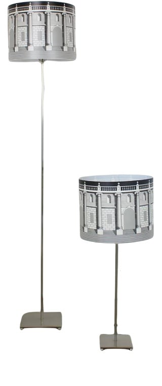 Italian Fornasetti Table & Floor Lamps, Set of 2: A beautiful set of floor lamp and table lamp by Piero Fornasetti. This particular model retailed by Antonangeli in the 1990s.Floorlamp 160cm, table lamp 77cm, diameter 34cm. Country of Manufacture: