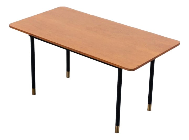 Mid-Century Side Table-Coffee Table, 1950s: 1950s Modern Italian side table/coffee table produced in Italy. It features black coated steel frame with brass feet and varnished walnut veneer table top. Condition Good, age related wear and marks.