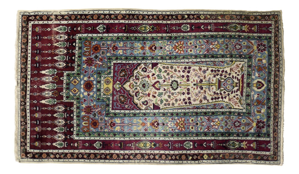 Vintage Hand-Woven Baluch Prayer Rug, 1960s: This hand-woven Baluch prayer rug was made in Iran during the 1960s. Woven using a traditional technique called flat weaving, and dyed in shades of red, beige, blue, green and turquoise. This rug has