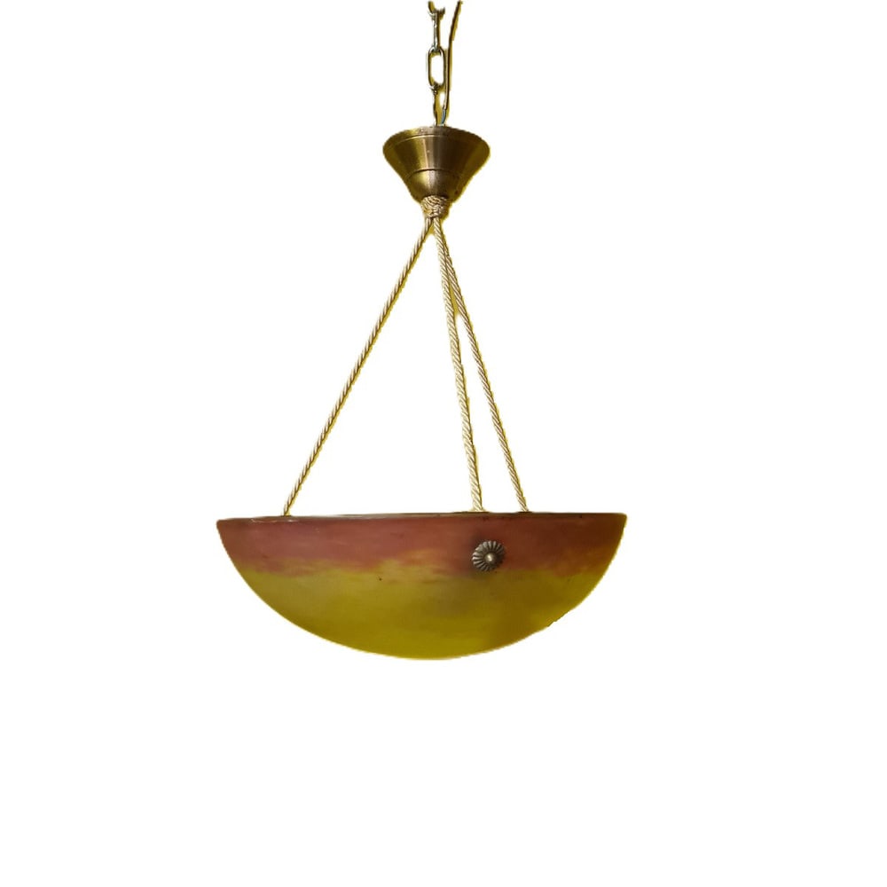 Art Nouveau Ceiling Light from Croismare, 1920s: A beautiful French colored glass "Pate de Verre" hanging lamp made by Muller Frères and signed with GV le Croismare - "Grand Verrerie le Coismare". Glass objects with a GV le Croismare signature