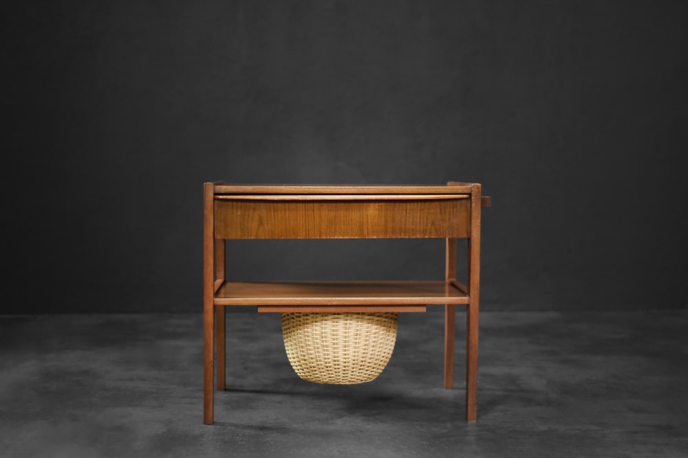 Thread Side Table with Wicker Basket, 1960s - 19