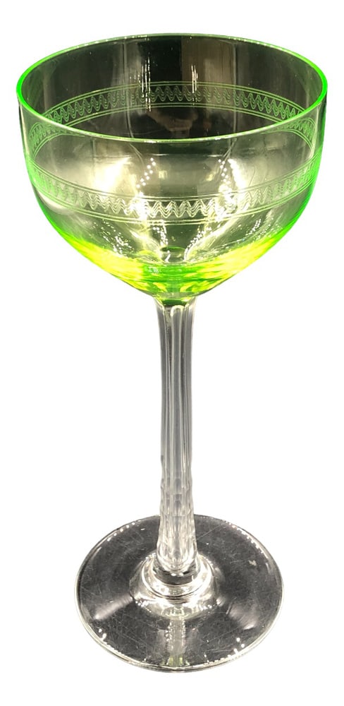 Antique Glass Dome Wine Glasses, 1890s, Set of 5: This exquisite set of five uranium glass wine glasses will add an extraordinary touch to your table arrangement. Each glass is artfully decorated with a wave pattern.Uranium glass, known for its