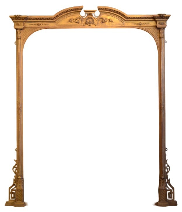 Victorian Overmantel Mirror, 1899: Superb Victorian overmantle giltwood mirror, having original plate with minor imperceptions in gilded frame with reeded columns, acanthus leaves, floral scrolls, Greek key decoration and egg and dart