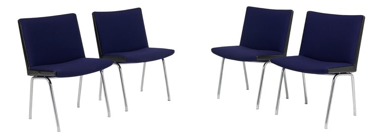Vintage Airport Chairs by Hans J. Wegner, Set of 4: Set of 4 Danish Modern chair model ‘AP 40’ from Hans J. Wegener. Features steel frame with new dark blue fabric upholstery seat, decorated with black leather rim on the sides. Condition