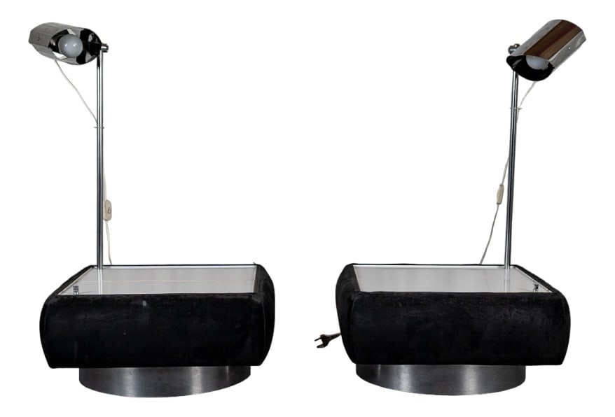 Side Tables with Integrated Lamp, 1980s, Set of 2: Set of two side tables consisting of a black Alcantara box on chrome base, a retractable white melanin top and a chrome insert lamp.Functional electricity.DimensionsWidth 52 cmHeight 25 cmDepth 52