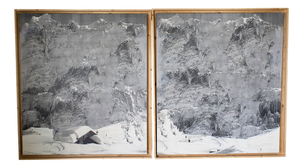 Britta Huttenlocher, Untitled, Canvas, 1991/1992: These Montage is without frame, the wooden frame is for transport, Montage of Swiss mountains. Country of Manufacture: Switzerland Design Period: 1990 to 1999 Production Period: 1990 to 1999 Detailed