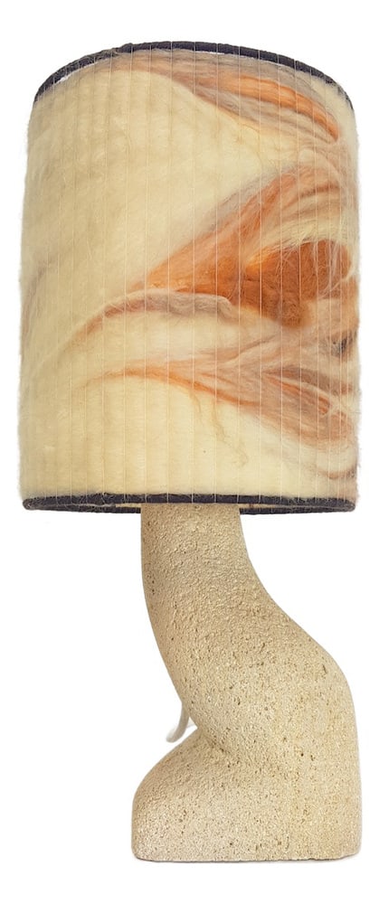 Brutalist Natural Stone Art Table Lamp, 1970s: Vintage sculpture table lamp natural stone wool 1970 brass lamp handmade unique one of a kind Completely handmade lamp design object This stylish table lamp has a natural stone base with a shade made