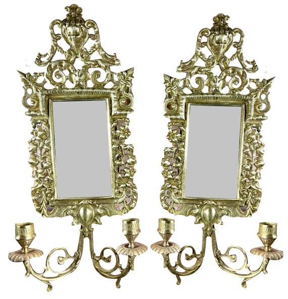 Napoleon III Wall Sconces in Gilt Bronze, Set of 2: Superb pair of double wall sconces dating from the 19th century, Napoleon III period, in finely chiseled gilded bronze. These exceptional pieces feature a beveled mirror, framed by refined decorative