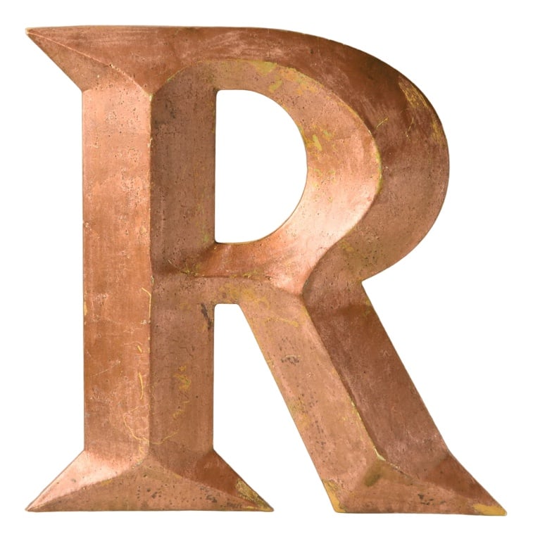 Vintage Copper Colour Letter R, 1970s: Country of Manufacture: Belgium Design Period: 1970 to 1979 Production Period: 1970 to 1979 Detailed Condition: Worn — This vintage/antique item has visible damages, defects, or small missing