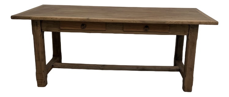 French Farm Table in Oak and Walnut, 1950s: This very good quality cabinetmaking work of the 1950s is made up of fully pegged assemblies and associates two noble materials for a stunning result of robustness and quality: oak for the tray and wa