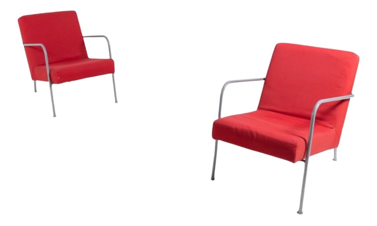 Vintage Bauhaus Armchairs from Ikea, Set of 2: The armchairs have a tubular grey coated steel frame with the seats upholstered in removable red fabric covers. Condition fair, usage marks and some stains. Country of Manufacture: Sweden Design