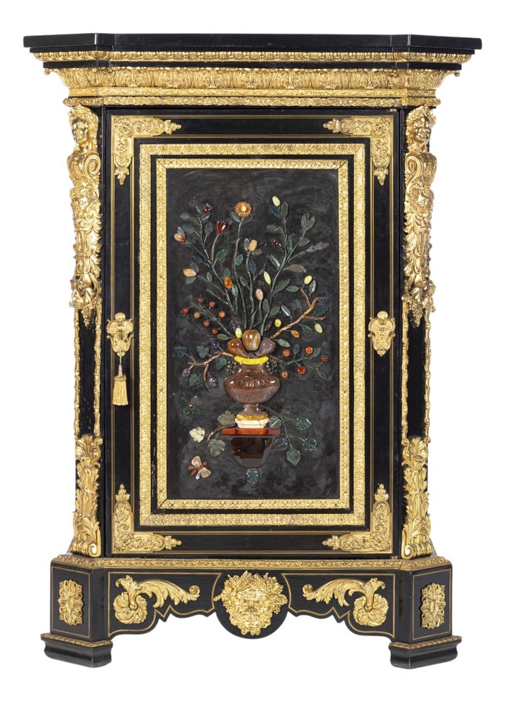 Napoleon III Palace Cabinet, 19th Century: This exceptional Napoleon III palace cabinet, created in France during the 19th century, is a remarkable example of the luxurious craftsmanship and artistic refinement associated with the Second