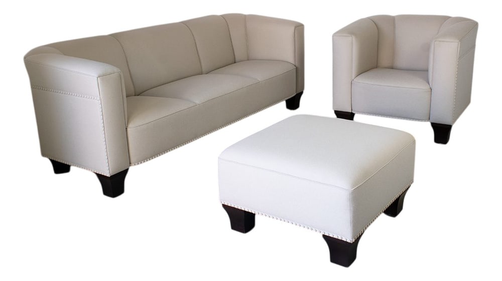 Armchair and Ottoman for Wittmann, 1980s, Set of 3: These seats were designed between 1905–1911 for the hall of what is probably Josef Hoffmann’s most celebrated “total artwork”, the Palais Stoclet in Brussels.Set of 3, Sofa