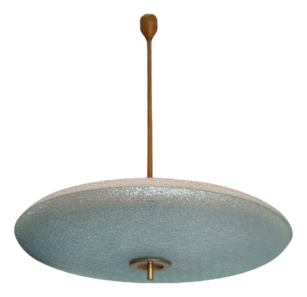 2313 Chandelier by Max Ingrand for Fontana Arte: Rare Original chandelier Fountain Production Art on design by Max Enlarge, around 1950.Metal structure with brass elements, pair of large hammered and finely worked Murane and finely worked glass