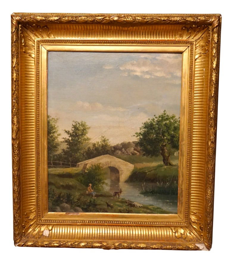 E. Picard, Landscape, 1877, Painting on Linen: A painting in need of restoration, signed E. Picard 1877 lower left, depicting a shepherd with a dog in a landscape by a river in front of a bridge. Country of Manufacture: France Design Period: