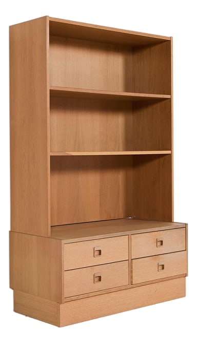 Danish Cabinet Bookcase by Poul Hundevad, 1970s: Beautiful modern design two piece storage cabinet produced in Denmark, 1960s. Features 2 shelves and 4 drawers, perfect for organizing books, decor, and more. Constructed from MDF with oak veneer,