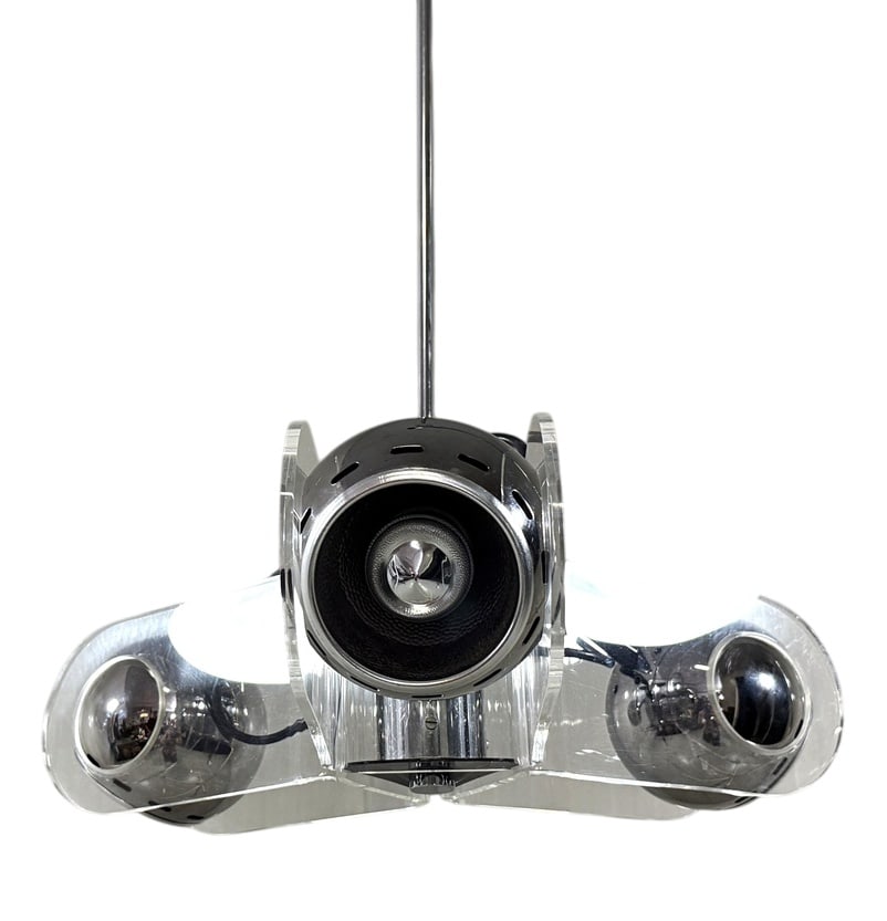 Hanging Lamp in the style of Gino Sarfatti, 1970s: Hanging lamp by Insta GmbH, Germany.Acrylic glass frame with 3 adjustable chrome plated lamp shades.Chrome plated rod and ceiling cover, 3 small (E14) screw fittings.The design of this lamp is based