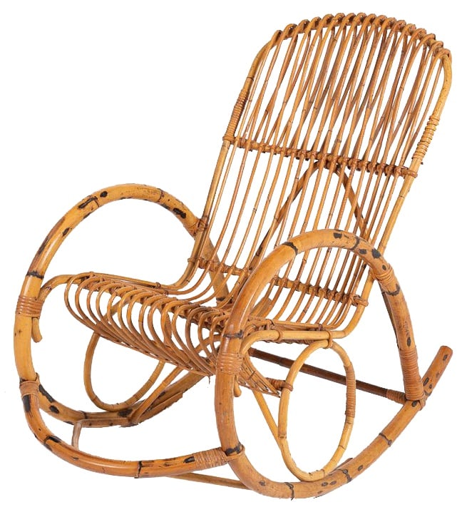 Italian Rocking Chair, 1960s: Sculptural vintage rocking chair from 1960s. The chair features sculptural bamboo frame with a seat and backrest in wicker. Production Period: 1960 to 1969 Detailed Condition: Good — This