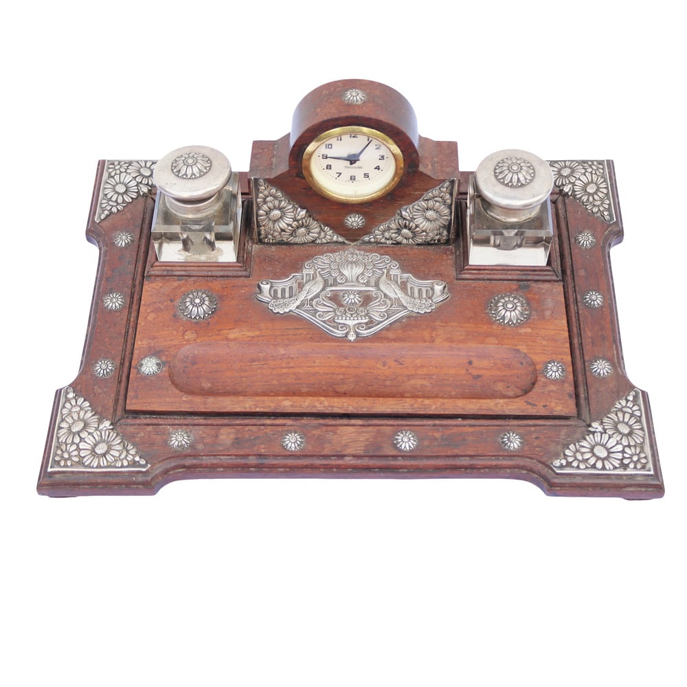 Sterling Silver Inkwell, 19th Century, Set of 3: Large inkwell made of wood and sterling silver - 19th century Country of Manufacture: Portugal Design Period: before 1890 Production Period: Before 1890 Restoration and Damage Details: Light wear