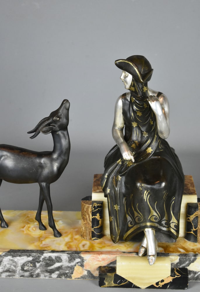 Art Deco French Sculpture of Lady & Gazelle, 1930 - 19