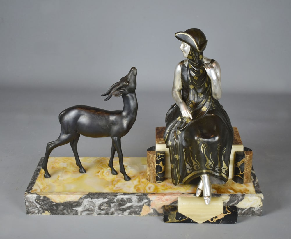 Art Deco French Sculpture of Lady & Gazelle, 1930 - 4