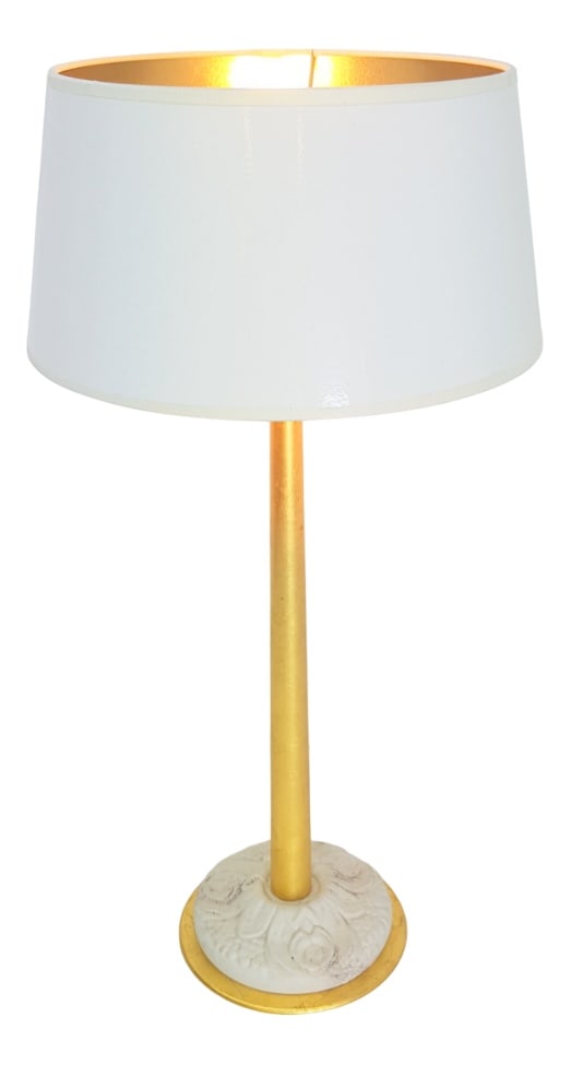 Regency Gold Table Lamp by Giulia Mangani, 1970s: Vintage handmade porcelain gold leaf table lamps Guilia Mangani Italiaan Designer Guilia Mangani Design period 1970Country of manufacture Italy Detailed condition Excellent Dimensions Height: 61 cm,