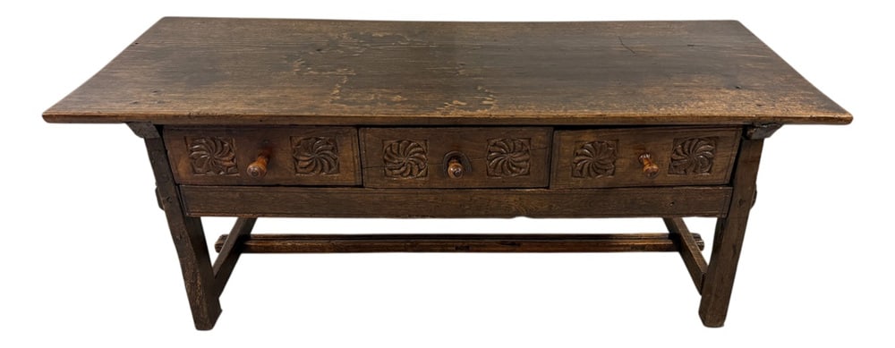 Spanish Brutalist Coffee Table Wall Table: Sturdy brutalist antique coffee table also named payment table, Spain.Solid oak with very nice patina, 3 drawers with nice pattern, 2 of them have anold reparation. The top has a few original iron
