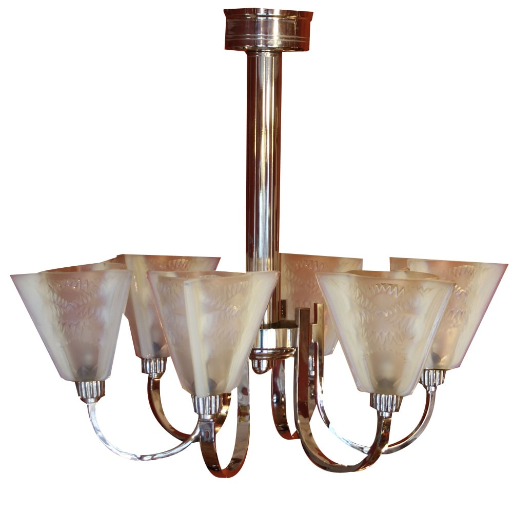 Art Deco Tulip Ceiling Light from Petitot, 1930s: Rare ceiling light from Henri Petitot with 6 opalescent glass pulps in best!The opalescent glasses generate subtle, changing color effects from red to blue in the glass pulp. The metal parts were