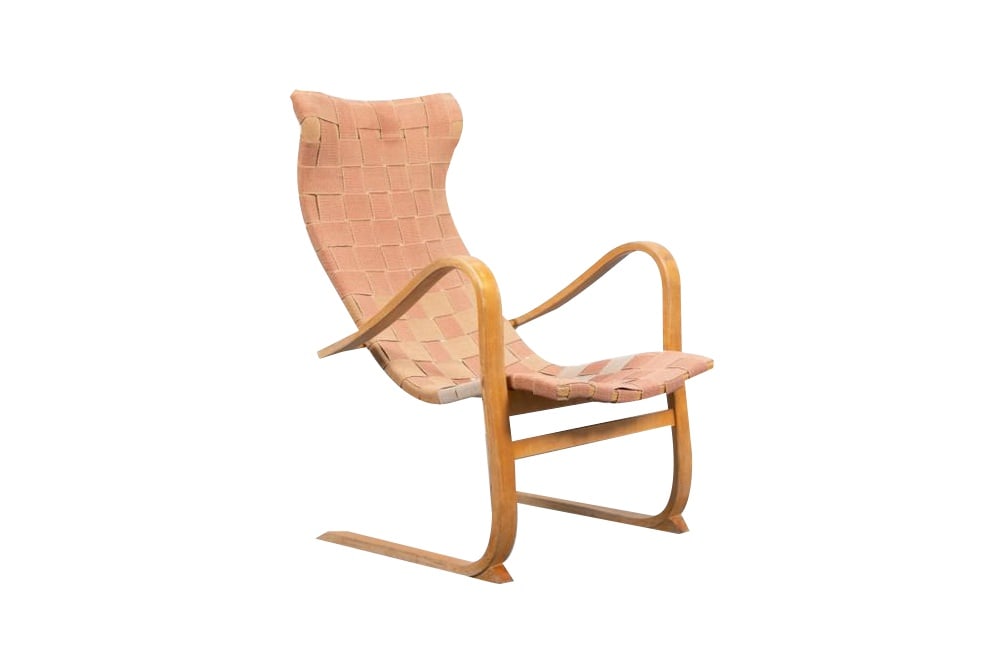 Patronen Armchair by Gustav Axel Berg Patron.: Lounge armchair by Gustaf Axel Berg for Bröderna Andersson, Sweden. 1940s. The chair has a curved beech frame with the canvas webbing seat. Condition Age related wear and marks Country of Manufac