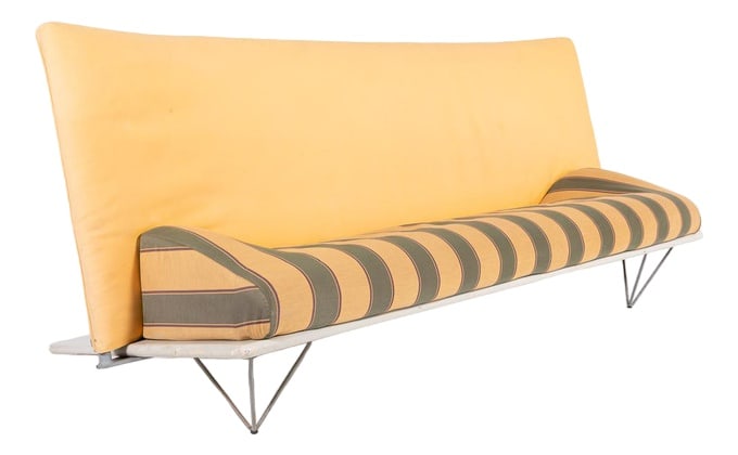 Squash Sofa by Paolo Deganello for Driade, 1980s: Vintage “Squash” sofa designed by Paolo Deganello and produced by Driade, Italy 1980s. Lacquered wood base on grey coated metal legs, back and seat with padding in yellow-green striped