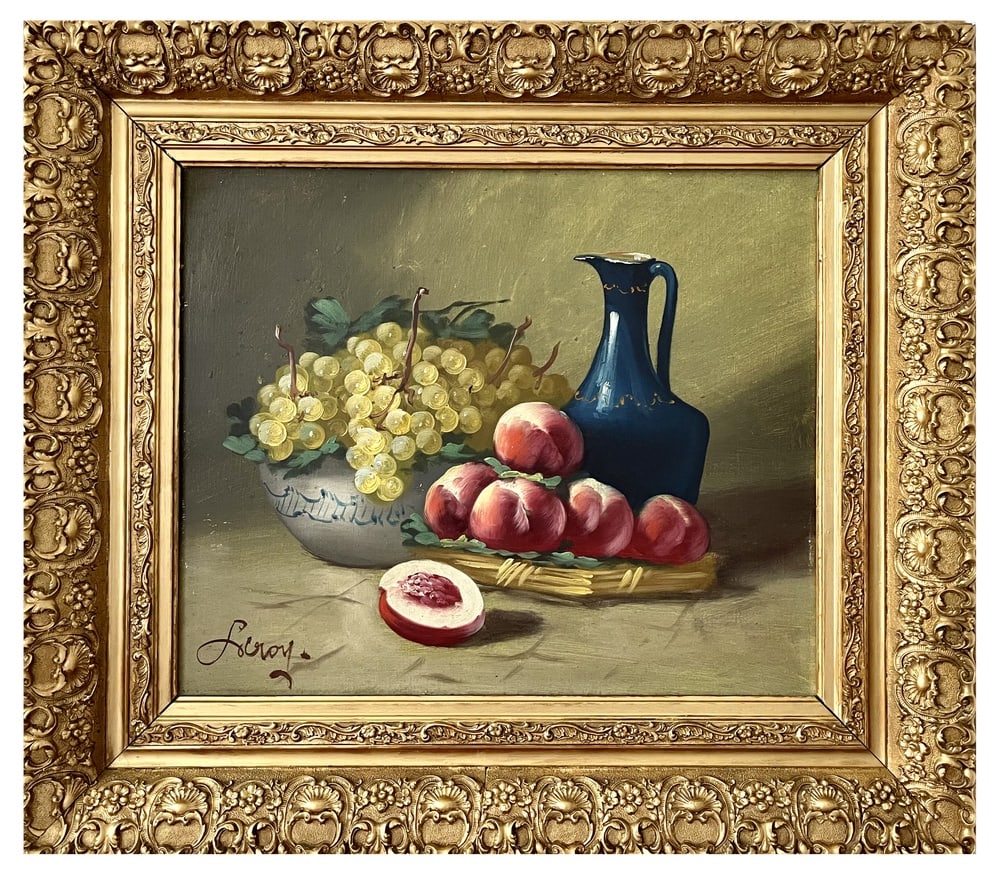 Leroy, 1890s, Oil on Canvas, Framed: Magnificent, richly framed painting depicting a superb still life. This captivating work presents a harmonious composition featuring a deliciously detailed bunch of grapes, a colorful basket of